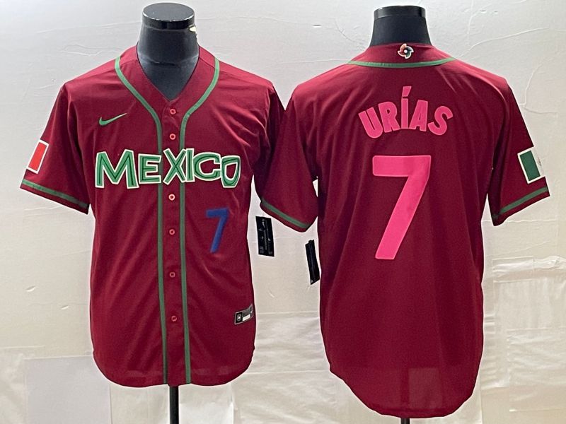 Men 2023 World Cub Mexico 7 Urias Red pink Nike MLB Jersey4